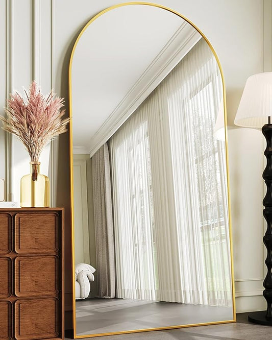 Full Length Mirror, 41"x81" Arched Floor Mirror Freestanding, Floor Standing Full Body Mirror with Stand for Bedroom, Hanging Mounted for Living Room Cloakroom, Gold