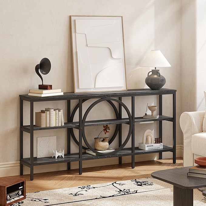 Long Console Table, 66.9 inch Wood Narrow Sofa Tables 3 Tier Couch Table Behind Sofa Industrial Grey Hallway Table Long Entryway Tables for Living Room, Foyer (Grey Oak+Black)