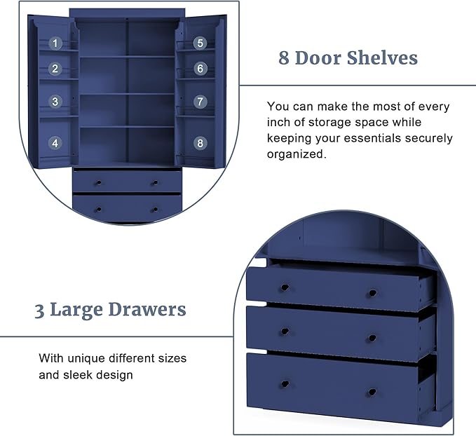 Merax 77" Tall Kitchen Storage Cabinet Pantry Farmhouse Freestanding Large Cupboard with 3 Drawers,Adjustable Shelves,8 Door-Shelf for Dining Room