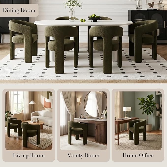 Modern Sherpa Dining Chairs Set of 6, Upholstered Barrel Chairs with Arms Comfy Accent Side Chairs for Living Room/Dining Room/Reception, Green