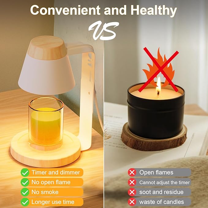 Candle Warmer Lamp with Timer, Stepless Dimmable Candle Lamp Warmer, Electric Candle Warmer Adjustable Height, Wax Warmer for Scented Wax with 2 Bulbs, for Festival&Home Decor (White Mini)