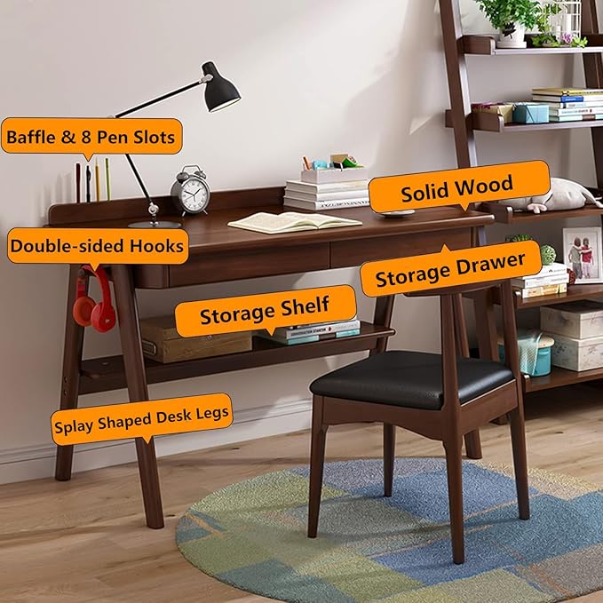 Solid Wood Writing Desk, 47" Mid-Century Modern Walnut Desk, Home Office Computer Desk with 2 Drawers and Storage Shelf, Laptop Desk, Study Table, Work Desk Station