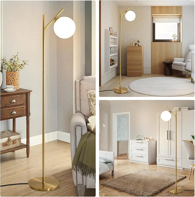 Mid Century Floor Lamp for Living Room Modern Tall Standing Lamp with Frosted Glass Globe Shades Contemporary Brass Freestanding Lamp for Office Bedroom (Gold)