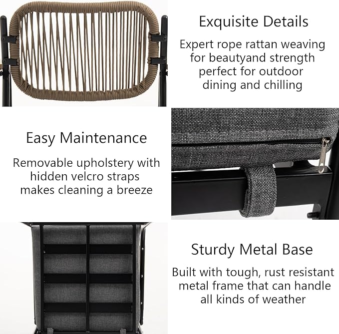 Outdoor Dining Chairs Set of 2, Wicker Patio Dining Chairs with Removable Cushions, Rectangle Patio Table Chair, All Weather Outdoor Chairs, Metal Lawn Chair for Adults/Indoor/Balcony, Gray