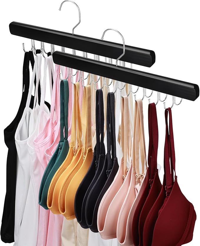 2 Pack Bra Hanger for Closet Organizer, Premium Wooden Tank Top Hangers with 36 Foldable Hooks, 360° Rotating Design, Space Saving Storage for Tank Tops, Bras, Scarves and More, Black
