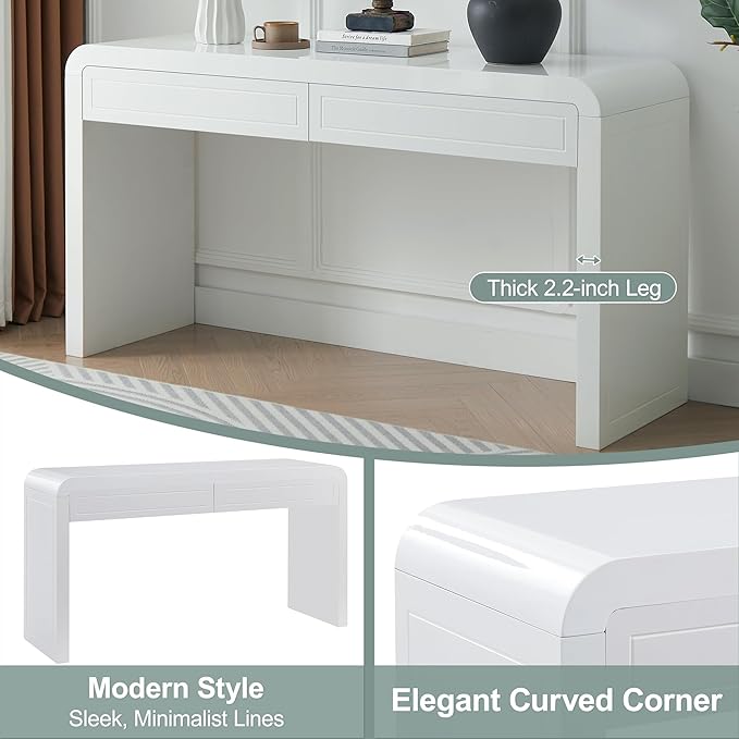 Merax 60" Entryway Console Table with Storage, 2 Drawers with Functional Divider/Retro Curved Design/Behind Couch & Sofa, White