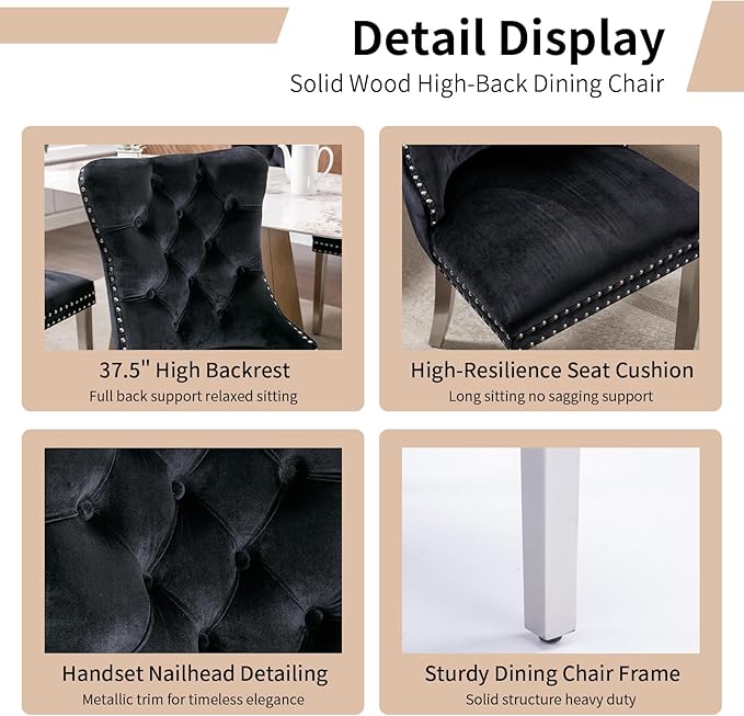 Luxury Upholstered Dining Chairs Set of 2, Black Kitchen Chair with Silver Metal Legs, Velvet Tufted Back Dining Chair, Sillas de Comedor, Modern Kitchen & Dining Room Chairs (Black, 2 Pcs)