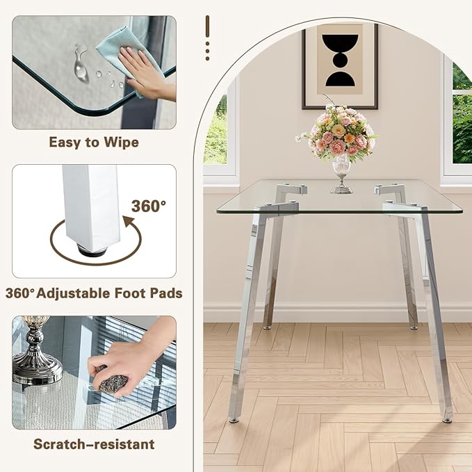 Glass Dining Table Set for 4,Rectangle Dinner Table with 4 White Leather Kitchen Chairs,51 in Kitchen Room Dining Set,0.31” Tempered Glass Table Top with Silver Metal Legs,4 Dining Chairs