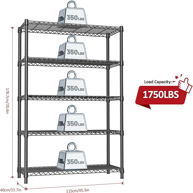 IZEUK 1750 LBS Garage Shelving Wide Storage Shelves Metal Shelves Heavy Duty Adjustable Utility Shelf Rack (Black, 5 Tier, 15.7" D x 45.3" W x 70.9" H)