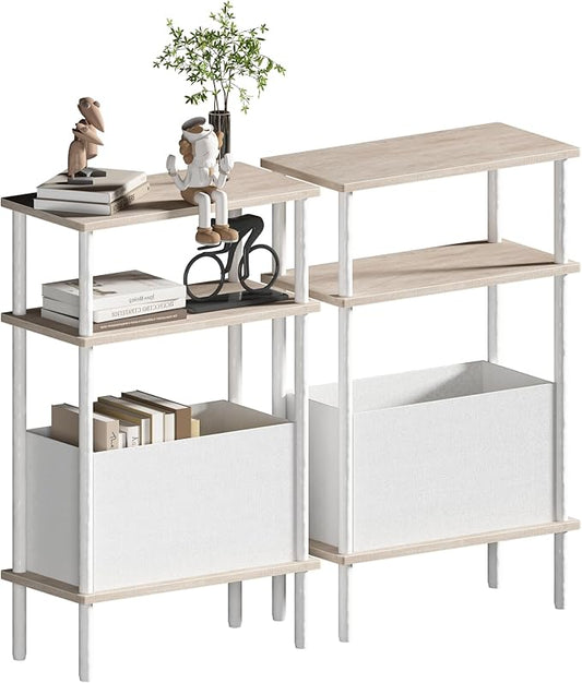 Narrow Side Table with Fabric Basket, Set of 2 End Table for Small Spaces, Slim Nightstand with 3-Tier Storage Shelf, Sofa Beside Table, for Living Room, Bed Room, Natrual Oak