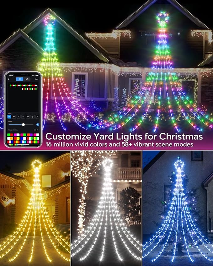 Avatar Controls Smart Outside Christmas Tree Lights for Yard, 16.5FT DIY Color Changing Star Waterfall Lights App Control Music Sync, Timer, Christams Decoations Light Plug in for Outside Xmas Home