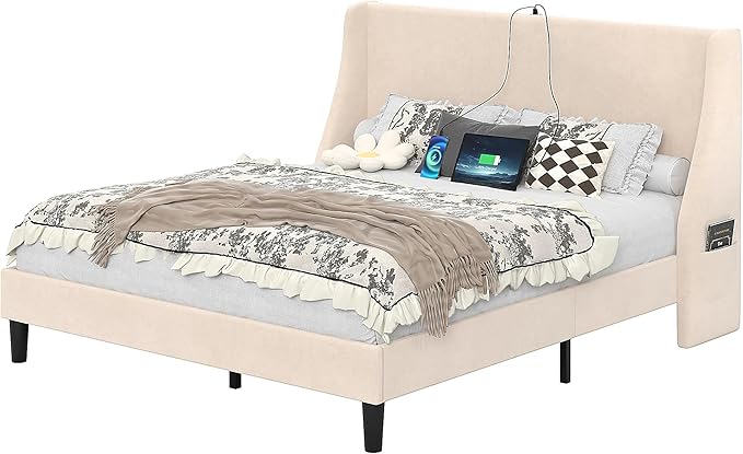 VECELO Queen Bed Frame with Upholstered Wingback Headboard, Heavy-Duty Platform Bedframe with Charging Station, Wooden Slats, No Box Spring Needed, Beige