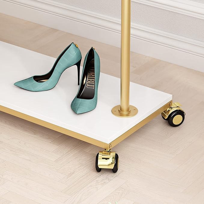 Gold Metal Clothing Rack with Wood Shelf, Heavy Duty Rolling Garment Rack with Wheels for Bedroom Retail Boutique Use (61L inches)