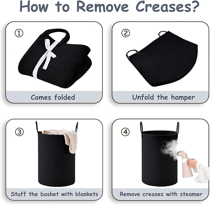 VIPOSCO Large Laundry Hamper, Tall Woven Rope Storage Basket for Blanket, Toys, Dirty Clothes in Living Room, Bathroom, Bedroom - 58L Black