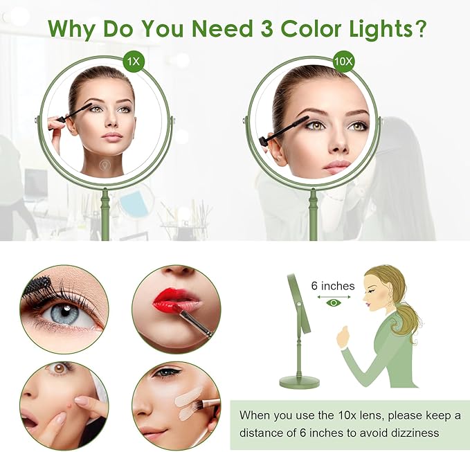 Lighted Makeup Mirror, 3000 mAh Rechargeable Double Sided Magnifying Vanity Mirror with 3 Colors, 1x/10x, 360° Rotation , Brightness Adjustable Magnification Cosmetic Light up Mirror, Women Gift