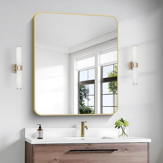 Gold Bathroom Mirror,30x36 inch Wall Mirror for Bathroom Wall Mounted,Round Rectangle Mirror for Bathroom Over Sink,Modern Frame for Home Decor Living Room,Bedroom Entryway,Horizontal/Vertical