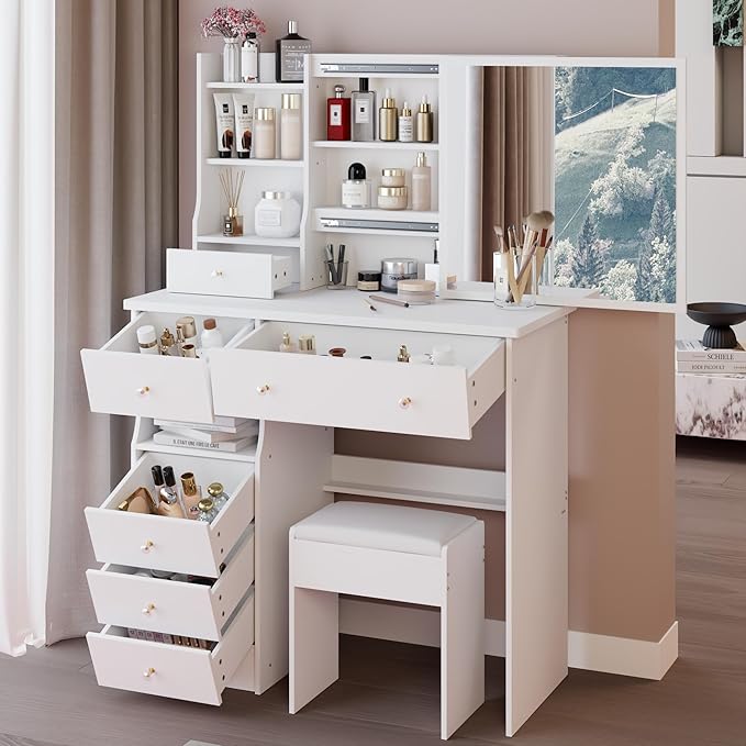 KEIKI Vanity Desk with Sliding Mirror & Cushioned Stool, 37'' Makeup Dressing Table Set for Bedrooms, Dorms, Apartments, White