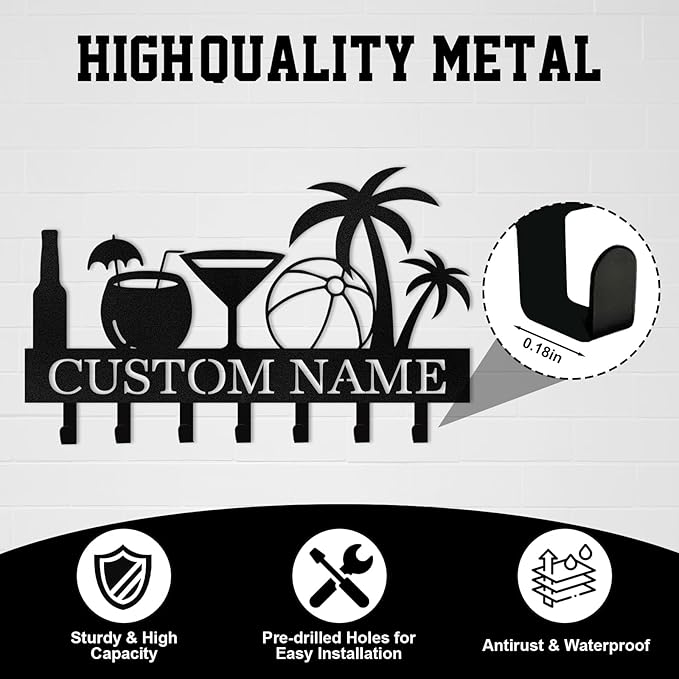 Personalized Key Holder for Wall, Beach Theme Key Holder Wall Mount with Hooks, Coconut Trees Key Hanger Wall Decor for Pool Bathroom Hallway Entryway Office, Customized Home Decor Gifts Color03