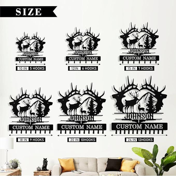 Personalized Deer Key Holder Wall Mount, Custom Metal Keys Hanger for Wall with Name, Custom Key Rack Holder with Hooks for Entryway, Front Door, Hallway, Living Room, Kitchen