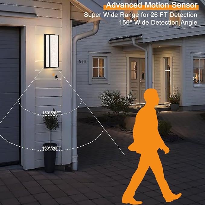 Motion Sensor Outdoor Wall Light LED 20W, Modern Exterior Lighting Fixture with Resin Shade - 16.9" Rectangular Waterproof Porch Wall Light IP65 for Garage, Front Door, Patio