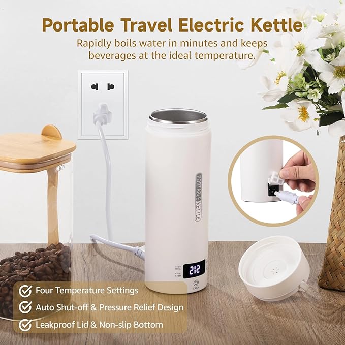 Portable Travel Electric Kettle, 16.9 oz Tea Kettle, 316 Stainless Steel Liner, 4 Temperature Settings, LCD Display, Auto Shut-Off & Fast Boiling, Mini Water Boiler for Home, Office