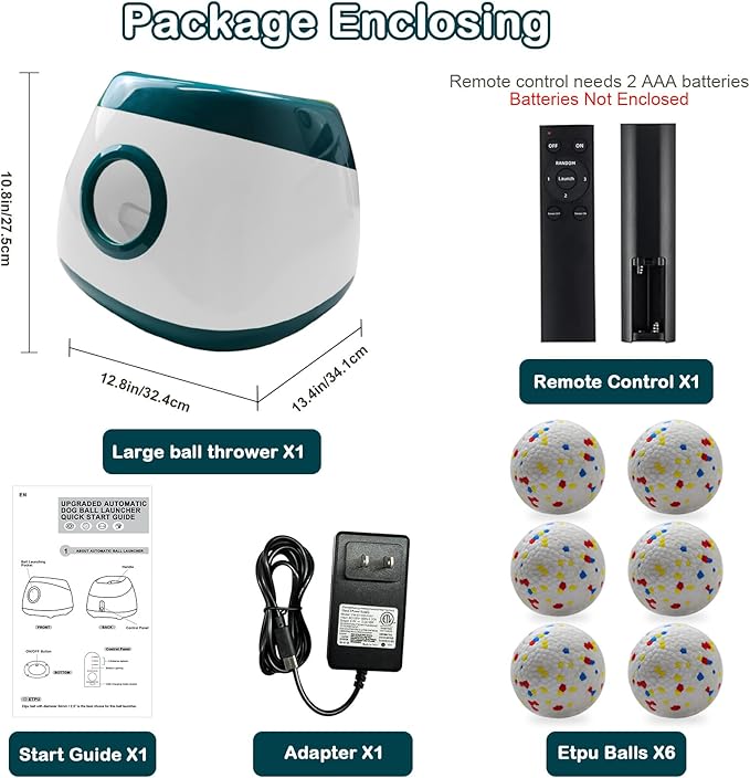 Automatic Dog Ball Launcher, Upgraded Interactive Dog Balls Thrower with 3 Distance 29Ft-79Ft, Remote Control Ball Launcher for Medium&Large Dogs, 6 Etpu Balls Included (Dark Green)