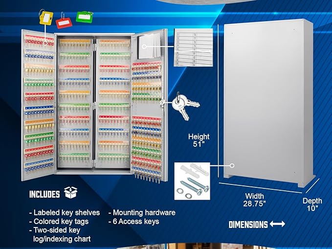 Barska 800-Position Key Lock Box – Solid Steel Key Cabinet with Adjustable Numbered Hooks, Key Log Sheet, Color Tags & Index Chart – Wall-Mount Organizer, Grey Finish