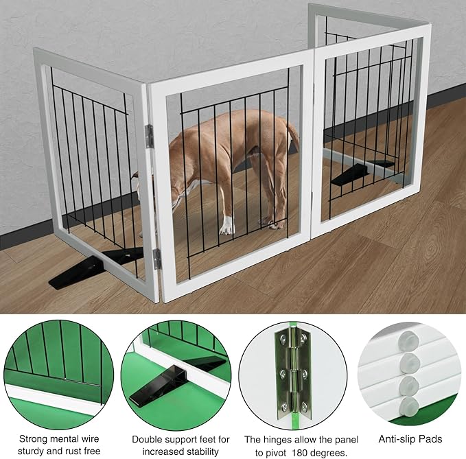 ZJSF Freestanding Dog Gate Indoor, Foldable Dog Fence for Doorways,Hallways or Stairs, Sturdy Wood Extra Wide Pet Gate with Support Feet,White,24 "Height-4 Panels