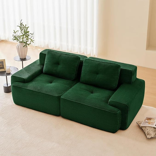 80" Modern Compressed Boneless Love Seat Couches, 2 Seater Large Sectional Couches for Living Room, Green Corduroy Cloud Modular Sectional Sofa, Memory Foam, Extra Deep Loveseat, No Assembly