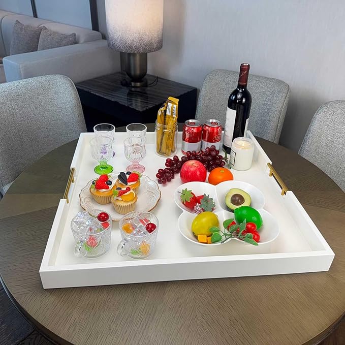 24x24 Inches Extra Large White Faux Leather Wrapped Wood Ottoman Tray with Golden Handles for Serving Food and Breakfast On Bed, Square Coffee Table Organizer, Home Decor and Decorative