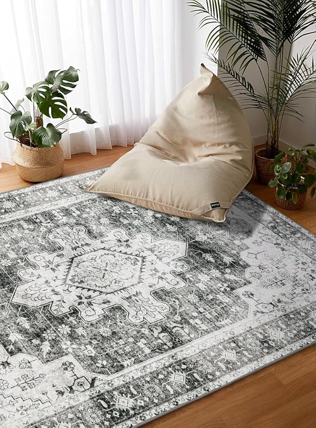 Moynesa Ultra-Thin Washable Area Rug - 3x5 Gray Entryway Rug Stain Resistance Kitchen Mat, Non Slip Non Shedding Pet Friendly Vintage Bathroom Carpet for Indoor Bedroom Living Laundry Room