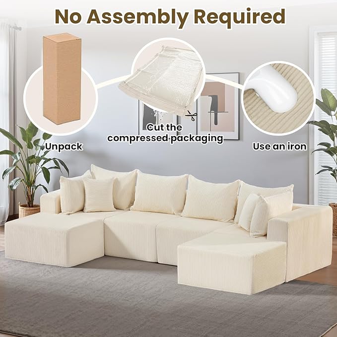 Oversize 131” Boneless Couch for Living Room, Comfort U Shaped Cloud Couch Sectional, Extra Deep Seats Corduroy Modular Sectional Sofa No Assembly,Beige