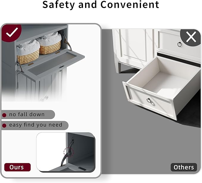 ChooChoo Bathroom Floor Storage Cabinet with Flip Glass Drawer, Bathroom Cabinets Freestanding with 2 Doors Adjustable Shelf & 1 Open Storage for Bathrooms, Living Room, Hallway, Grey