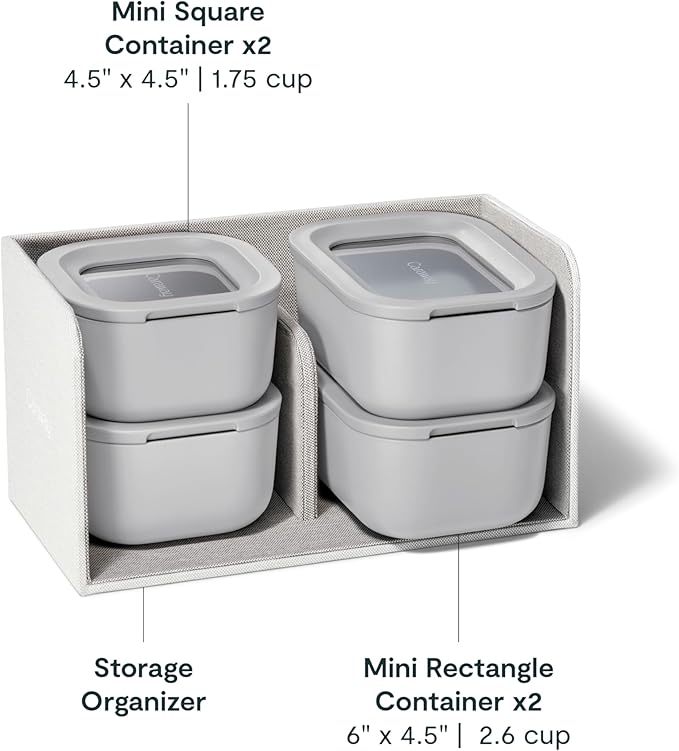 Caraway Mini Food Storage 9pc Set - Glass Storage Containers for Food - Non-Toxic Ceramic-Coated Glass - Air Release Technology - Compact & Stackable Design - Gray