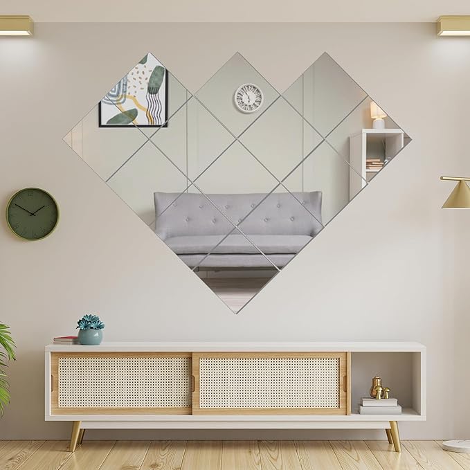 16 Packs Home Gym Mirrors 12'' x 12'' Wall Mounted Mirror Tiles, Square Large Wall Mirror Frameless Full Length Mirror for Home Gym, Bedroom, Door, Bathroom, Living Room