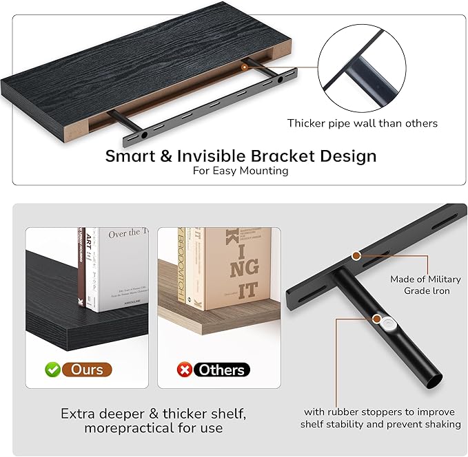 Fun Memories Floating Shelves - 2 Pack 9.3 Inch Deep Rustic Wooden Wall Shelves - Wall Mounted Storage Shelf with Invisible Brackets, 24" W x 9" D x 1.6" H - Black