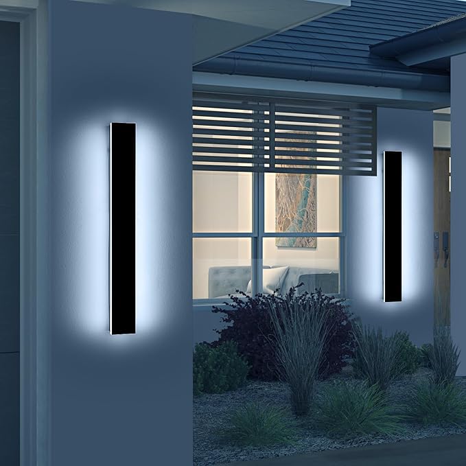 2 Pack 31.4inch Modern Exterior Wall Lights, 6000K Cold White, Outdoor Wall Mount Linear Sconces, 31W, IP65 Waterproof Minimalist Strip Led Lighting for House, Porch, Garage, Garden