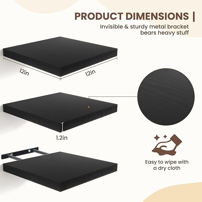 Fun Memories Floating Shelves for Wall - 12 Inch Square Shelves with Invisible Brackets, Black Small Wall Shelf for Living Room, Bathroom, Bedroom, and Kitchen Decor，Set of 3