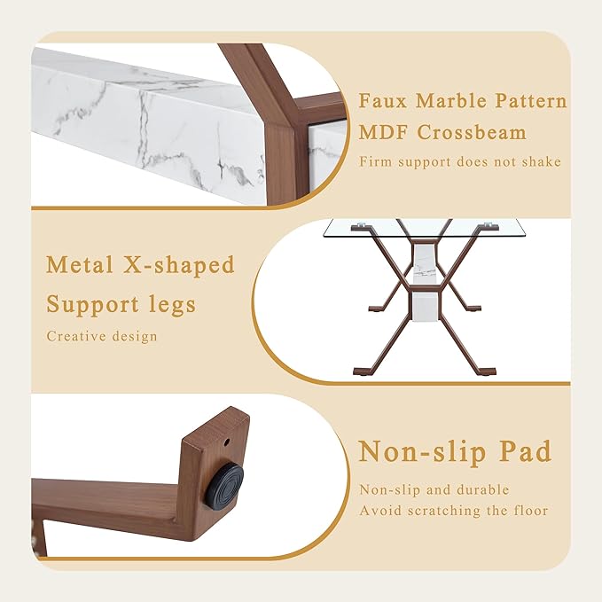 Glass Dining Table 71"｜Modern Dining Table for 6｜0.4" Thick Tempered Glass Top｜Walnut Pattern Metal Legs｜Marble Crossbar｜Easy Assembly｜Perfect for Dining Room or Kitchen