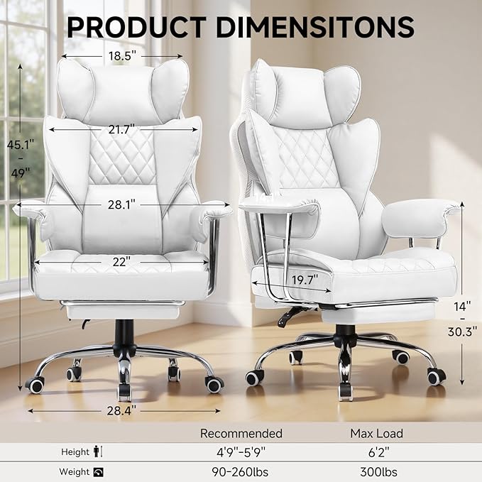 COMHOMA Big and Tall Gaming Chair with Pocket Spring Lumbar Support, Ergonomic Office Chair with Footrest, Executive Desk Chair with Outward Fixed Soft Armrests, Computer Chair with High Back, White