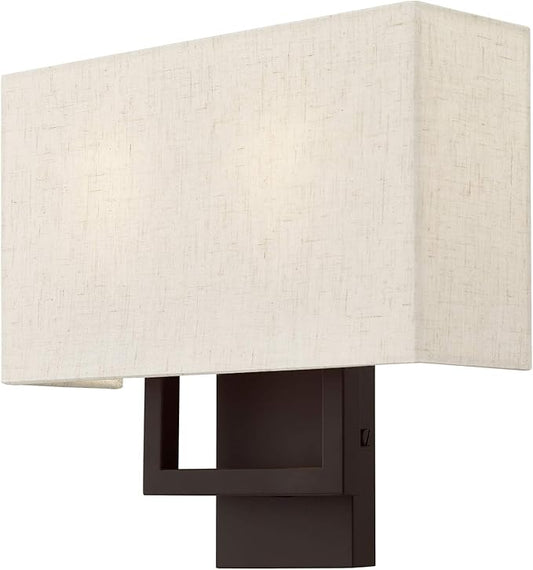 Livex Lighting 50994-07 Pierson Collection 2 Light Ada Wall Sconce, Oatmeal Fabric Outside, White Fabric Inside Hardback Shade, Bronze Finish