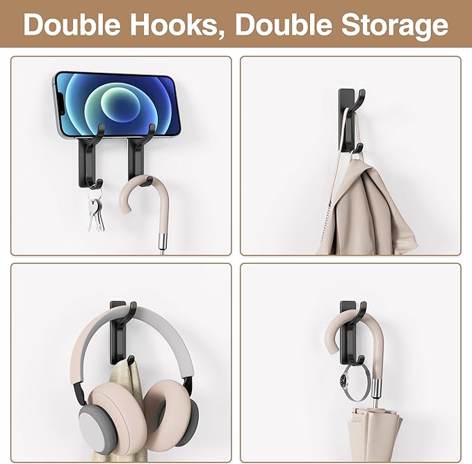 pickpiff Adhesive Wall Coat Hooks - Heavy Duty Stick-On Door Hanger, Metal Hook for Hanging Towel,Purse, Robe, Backpack, Jacket, Clothes - for Bathroom,Dorm, Closet, Kitchen - Black, 6 Pack