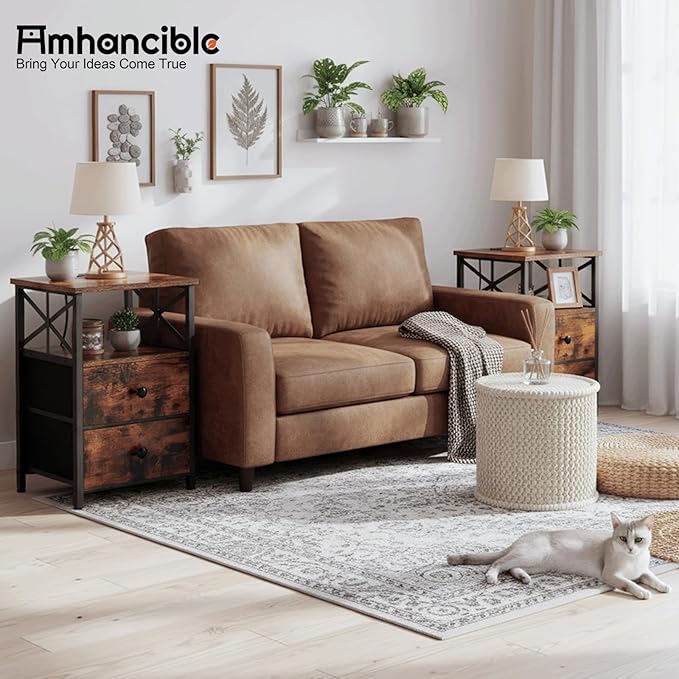 AMHANCIBLE Night Stand Set 2, Nightstand with Charging Station, End Tables Living Room with USB Ports and Outlets, Bedside Tables with Fabric Drawers for Bedroom, Rustic Brown HET05XBR