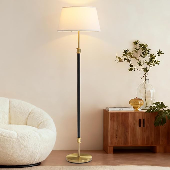 Modern Mid Century Floor Lamp with Soft Linen Shade, 63” Tall Black & Brass Standing Lamp, Weighted Base, Warm Ambient Light for Living Room, Bedroom & Reading Corners (Black & Gold)