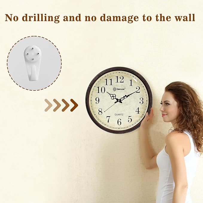 Geevon Vintage Brown Wall Clock, Silent 16" Non Ticking Wall Clock Battery Operated Retro Rustic Style Round Clock Decorative for Kitchen,Classroom,Bedroom,Living Room Decor