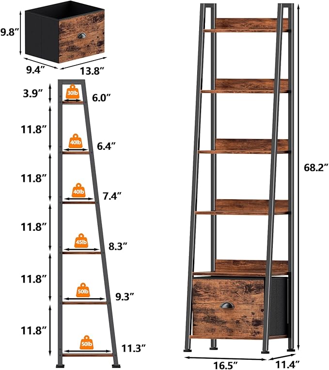 Furologee 6 Tier Ladder Shelf,Ladder Bookshelf with Drawer,Industrial Tall Bookcase,Storage Rack Organizer,Wood Metal Freestanding Shelves for Living Room, Home Office, Bedroom,Rustic Brown