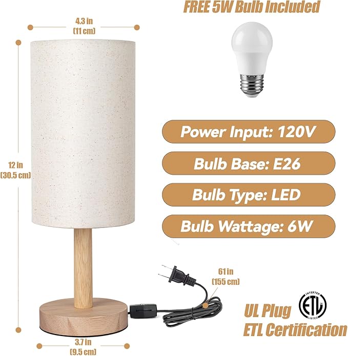 Small Table Lamp for Bedroom, Nightstand Lamp Linen Lampshade Bedroom Wood Base Small Bedside Lamp for Night Stands, Desk Lamps for Reading Living Room, Office (LED Bulb Included) (Wood Base)