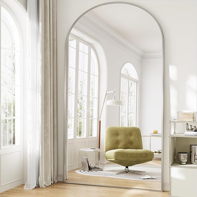 Oversized Full Length Mirror, 40"x80" Large Arched Floor Mirror Full Length with Stand, Room Decor Big Full Body Mirror with HD Tempered Glass Aluminum Frame for Bedroom Living Room, Silver
