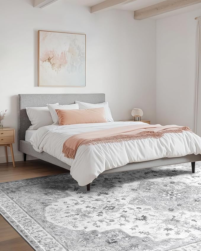 Amada 8x10 Area Rugs, Non-Slip Washable Rug with Low Profile, Durable Bound Edge, Soft Large Vintage Rug for Living Room, Bedroom, Dinning Room, Home Office,Silver Gray