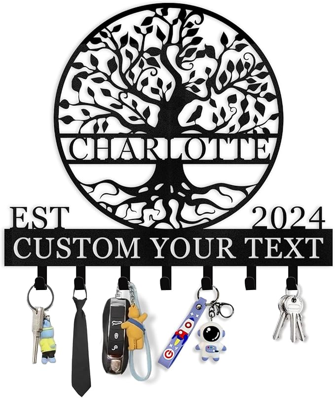 Personalized Key Holder Wall Mount - Custom Name Tree of Life Key Holder for Wall, Metal Key Rack Coat Rack for Front Door, Living Room, Kitchen, Housewarming Wedding Gift